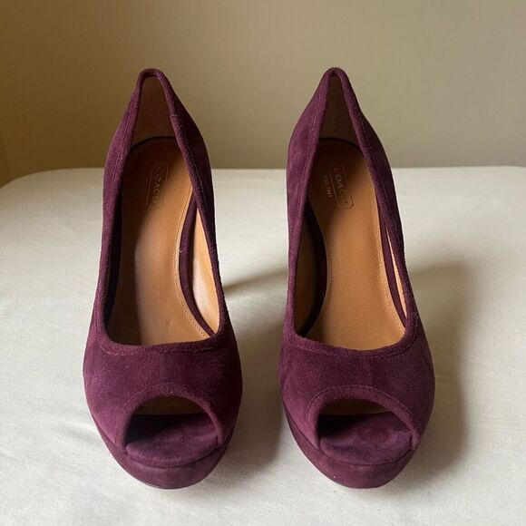 Coach Breana Platform Peep Toe Pumps Suede Leather Stacked Heel Plum Purple 9 - Picture 2 of 10